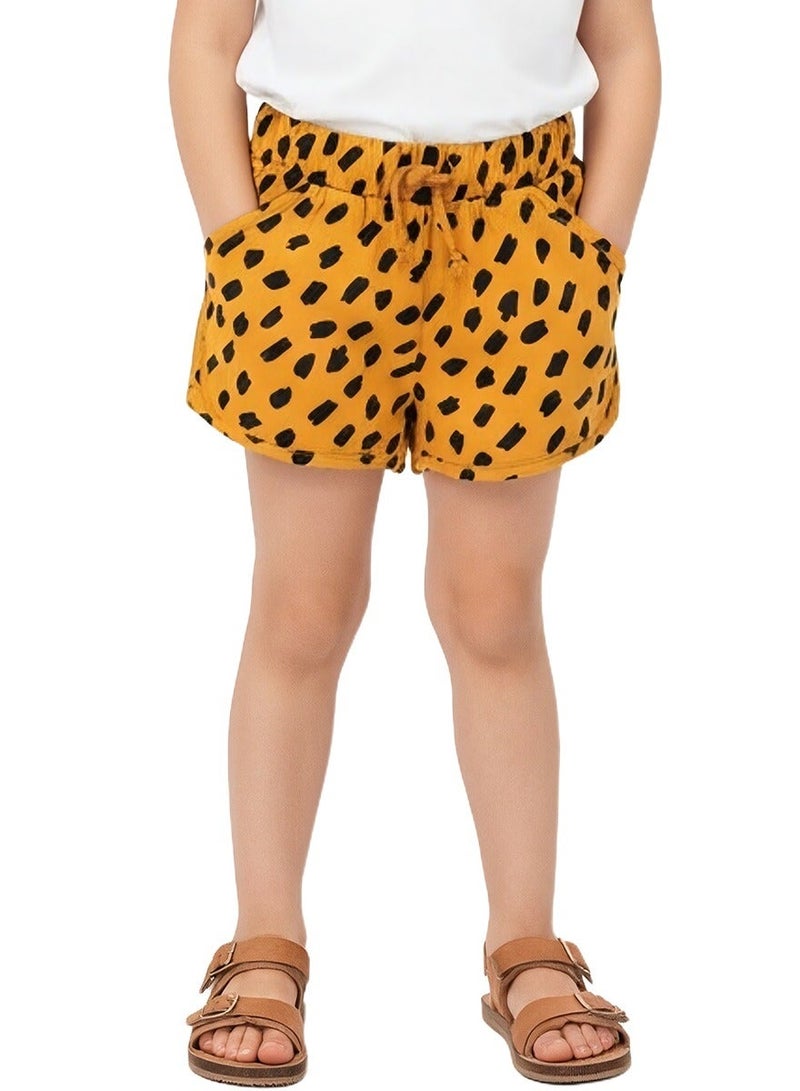 WiNi BEE Girls' Casual Shorts - Orange with Black Cheetah Animal Print, Soft Cotton Drawstring Waistband for Toddlers 2-6 Years, Playwear & Summer Outfits - Image 1